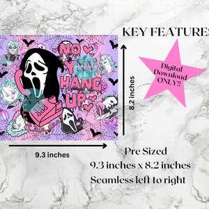 May include: A digital graphic design featuring a pink and purple background with spiderwebs, bats, and horror movie characters. The text reads NO HANG UP in pink dripping letters. The design measures 9.3 inches by 8.2 inches and is seamless.