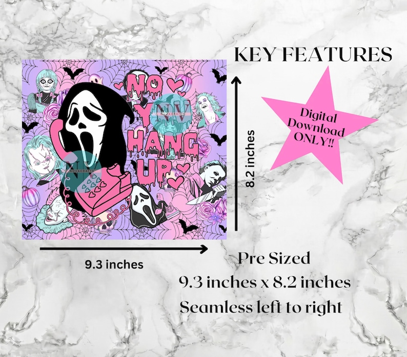 May include: A digital graphic design featuring a pink and purple background with spiderwebs, bats, and horror movie characters. The text reads NO HANG UP in pink dripping letters. The design measures 9.3 inches by 8.2 inches and is seamless.