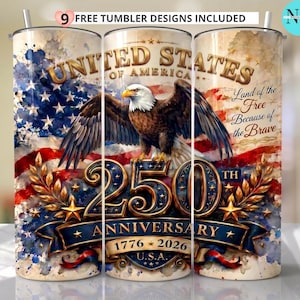 Peut inclure: Un gobelet cylindrique arborant un motif patriotique avec un pygargue à tête blanche, le drapeau américain et le texte United States of America, 250th Anniversary, 1776-2026, U.S.A. et Land of the Free Because of the Brave, 9 modèles inclus.