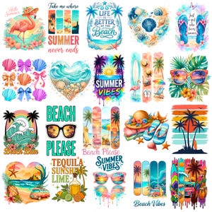 May include: A collection of watercolor illustrations with a summer theme. Designs include a flamingo, beach scenes, seashells, sunglasses, and the phrases "Summer Vibes," "Beach Please," and "Life is Better at the Beach."