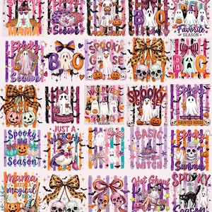 Peut inclure: Une collection de vingt-cinq motifs graphiques sur le thème d'Halloween représentant des fantômes, des crânes, des citrouilles et des canards. Les illustrations incluent des textes comme Spooky Mama, Spooky Season, Moo-Ween, Boo et Basic Witch.