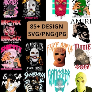 Puede incluir: Colección de diseños gráficos con pasamontañas, texto e ilustraciones. Los diseños incluyen texto como "Gangster", "Bronx" y "Fake Mafia". La imagen también incluye el texto "85+ DESIGN SVG/PNG/JPG".