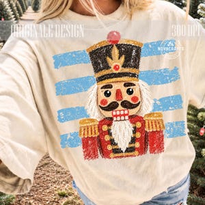 Crayon Nutcracker PNG, Vintage Christmas Sublimation Design, Retro Blue Stripe Nutcracker Shirt PNG, Cute Chalk Holiday DTF, Whimsical Xmas