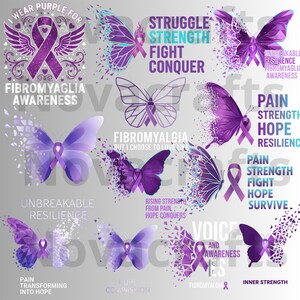 Puede incluir: Una colecci&oacute;n de dise&ntilde;os de mariposas moradas con texto relacionado con la concienciaci&oacute;n sobre la fibromialgia. Los dise&ntilde;os incluyen cintas, alas y frases como "Resiliencia inquebrantable" y "Dolor, fuerza, esperanza, resiliencia."