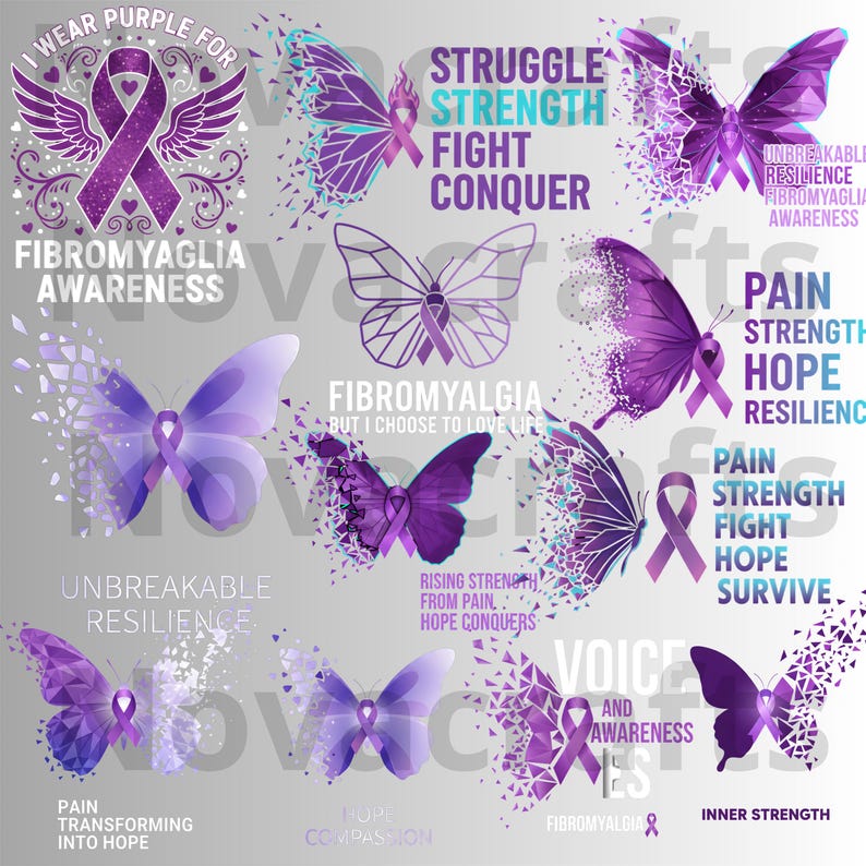 Puede incluir: Una colecci&oacute;n de dise&ntilde;os de mariposas moradas con texto relacionado con la concienciaci&oacute;n sobre la fibromialgia. Los dise&ntilde;os incluyen cintas, alas y frases como "Resiliencia inquebrantable" y "Dolor, fuerza, esperanza, resiliencia."