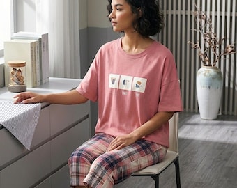 Pijama de algodón de verano para mujer - Conjunto de ropa de estar por casa de manga corta estilo coreano - Pijama holgado con estampado de dibujos animados - Ropa de dormir suave y transpirable