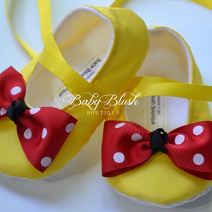 Yellow Minnie Inspired Baby Shoes with Red Polka Dot Bow Soft Ballerina Slippers Baby Booties image 3