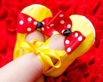 Yellow Satin Baby Shoes with Red & White Polka Dot Bow Soft Ballerina Slippers Baby Booties
