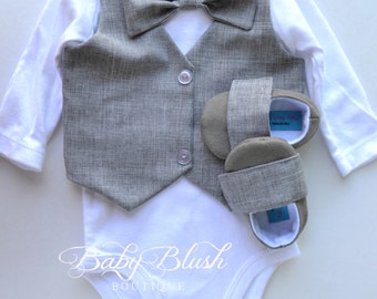 Grey Vest Bow tie Baby Boy Outfit Photo Prop Matching Shoes