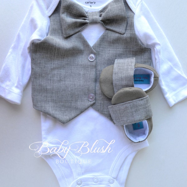 Grey Vest Bow tie Baby Boy Outfit Photo Prop Matching Shoes