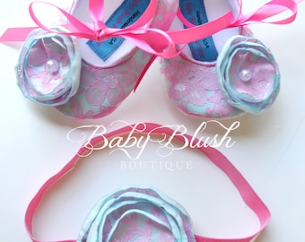 Hot Pink Lace on Aqua Baby Ballerina Slippers with Matching Headband