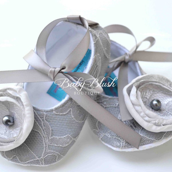 Grey Lace Baby Shoes Vintage Infant Ballerina Slippers Neutral Baby Girl Dress Shoes Newborn Photo Outfit Baby Shower Gift Boutique Shoes