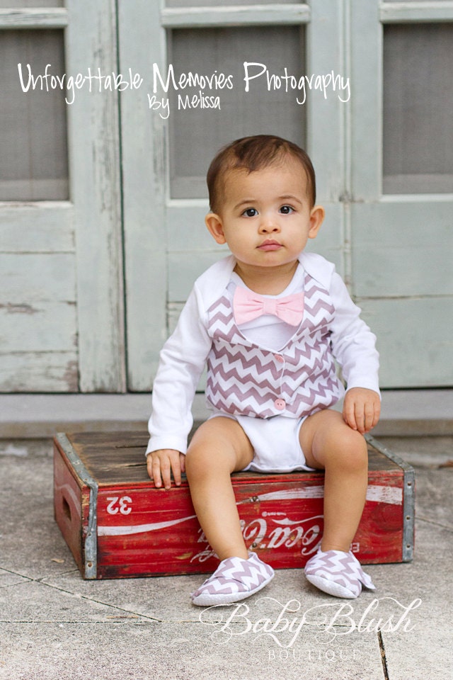 Grey Chevron Vest Pink Bow tie Baby Boy Outfit Photo Prop Etsy