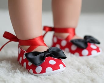 Minnie Inspired Baby Shoes Red Polka Dot Infant Girl Bow Slippers First Birthday Outfit Baby Shower Gift Disney Style Baby Boutique Shoes
