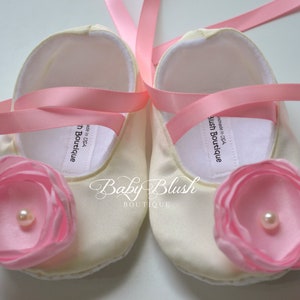 Ivory Satin Baby Shoes Soft Ballerina Slipper With Light Pink Flower and Ribbon Ties image 3