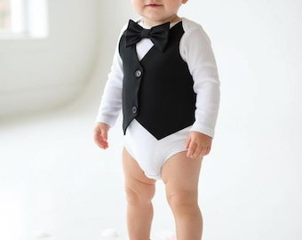 Black Baby Boy Vest Bow Tie Outfit: Formal Infant Suit for Weddings, Photos