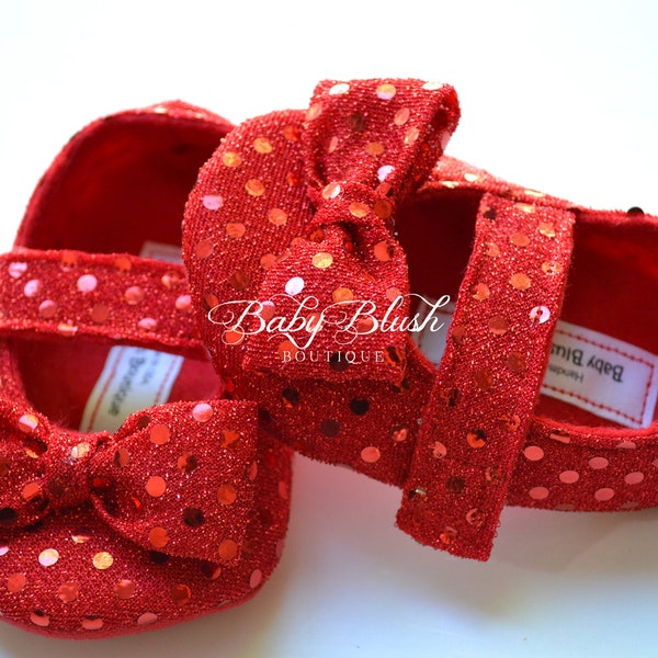 Sparkle and Comfort: Ruby Baby Slippers with Red Sequins, Bow Embellishment, and Custom Fit Options for Stylish Little Feet