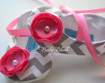 Grey Chevron Soft Ballerina Slippers Baby Booties with Hot Pink  Flowers and Ribbon Ties