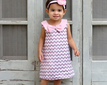 Grey Chevron Retro A-line Dress Light Pink Collar Shoes Set Infant Outfit Baby Shoes