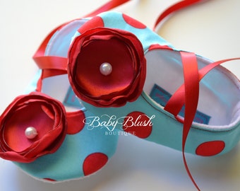 Aqua Red Polka Dot Soft Ballerina Slippers Baby Booties w/ Red Flowers and Ribbon Ties