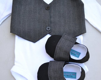 Dark Grey Vest Bow tie Baby Boy Outfit Photo Prop Matching Shoes