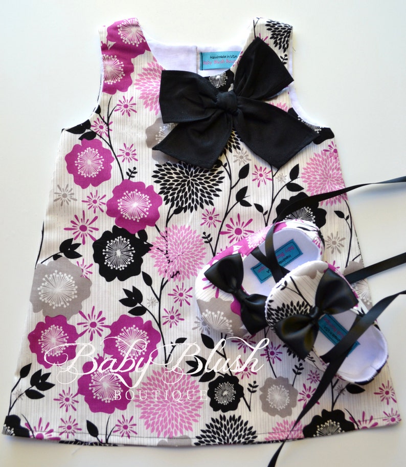 Black Grey Fuchsia Floral A-line Dress Shoes Set Infant Outfit Baby Shoes image 1