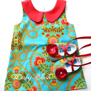 Grünes rotes Floral Retro Kleid Schuhe Set Kleinkinder Outfit Babyschuhe Bild 2