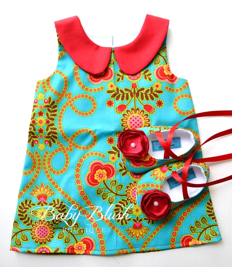 Green Red Floral Retro A-line Dress Shoes Set Infant Outfit Baby Shoes image 2