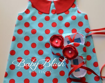 Aqua Red Polka Dot Retro A-line Dress Shoes Set Infant Outfit Baby Shoes