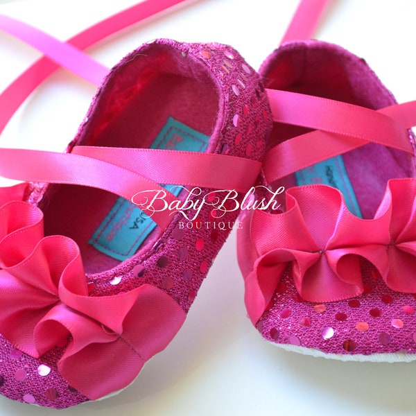 Chaussures bébé à paillettes fuchsia, pantoufles ballerines pour bébé