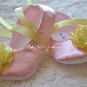 Baby Pink Satin Baby Shoes Soft Ballerina Slipper with Maize Ribbon ties & Flower Pink Lemonade image 1