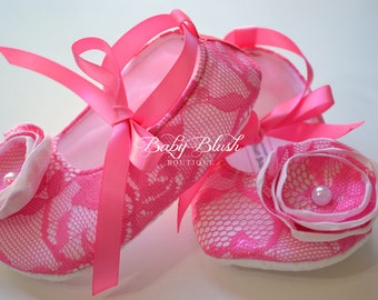 Hot Pink Lace on White Vintage Baby Shoes Ballerina Slippers