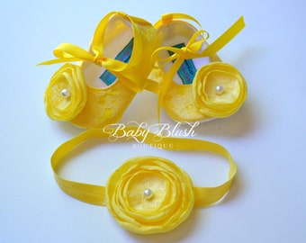 Yellow Lace Baby Ballerina Slippers with Matching Headband