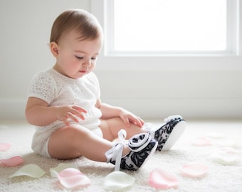 White Black Lace Infant Ballerina Shoes: Vintage Baby Girl Dress Photo Outfit