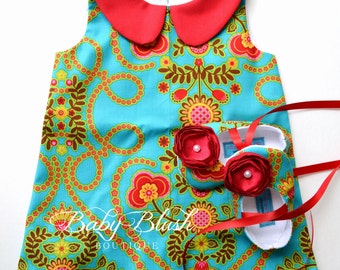 Green Red Floral Retro A-line Dress Shoes Set  Infant Outfit Baby Shoes