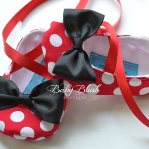 Minnie Inspired Red Polka Dot Baby Shoes with Black Bow Soft Ballerina Slippers Baby Booties