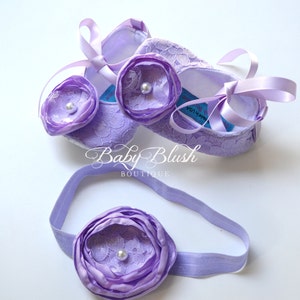 Lilac Lace Baby Ballerina Slippers with Matching Headband