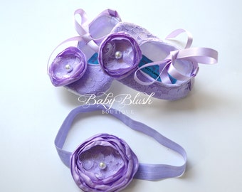 Lilac Lace Baby Ballerina Slippers with Matching Headband