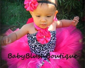 Tutu Black & White Damask Tutu Baby Toddler Outfit Costume  Set 3 pc (Tutu, Stylish Top, Headband)