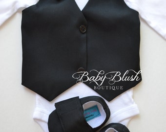 Plain Black Vest Bow tie Baby Boy Outfit Photo Prop Matching Shoes
