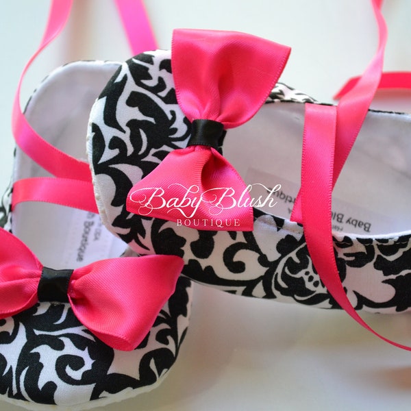 Damask Baby Shoes Black & White Soft Ballerina Slippers Baby Booties with Hot Pink Bow and Ribbon Tie