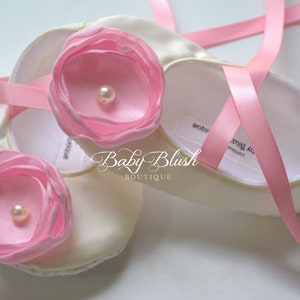 Ivory Satin Baby Shoes Soft Ballerina Slipper With Light Pink Flower and Ribbon Ties image 1