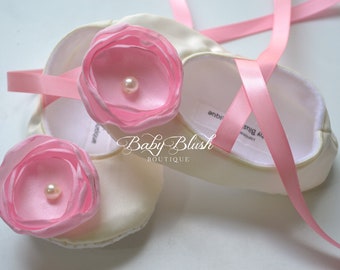 Ivory Satin Baby Shoes Soft Ballerina Slipper With Light Pink Flower and Ribbon Ties