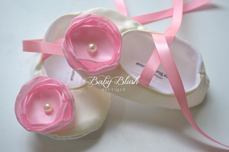 Ivory Satin Baby Shoes Soft Ballerina Slipper With Light Pink Flower and Ribbon Ties image 1