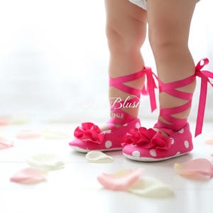 Hot Pink Polka Dot Baby Ballerina Slippers – Infant Girl First Birthday Shoes image 1
