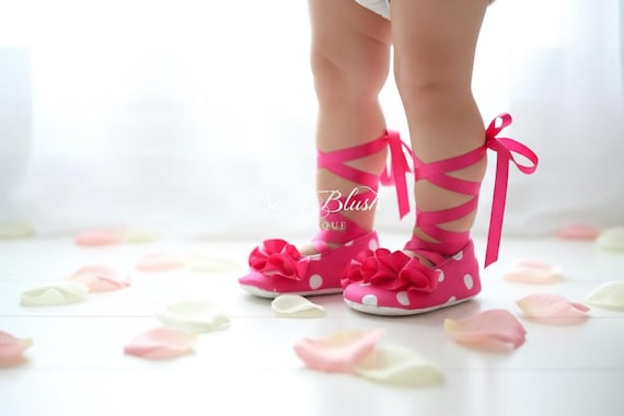 Hot Pink Polka Dot Baby Ballerina Slippers – Infant Girl First Birthday Shoes