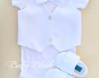 All white Vest Bow tie Baby Boy Outfit Photo Prop Matching Shoes
