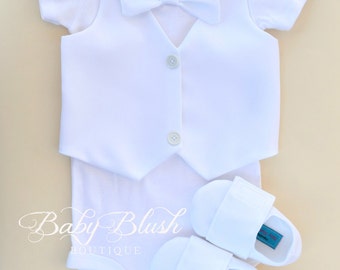 Alle weißen Weste Bow tie Baby Boy Outfit Foto Prop passende Schuhe