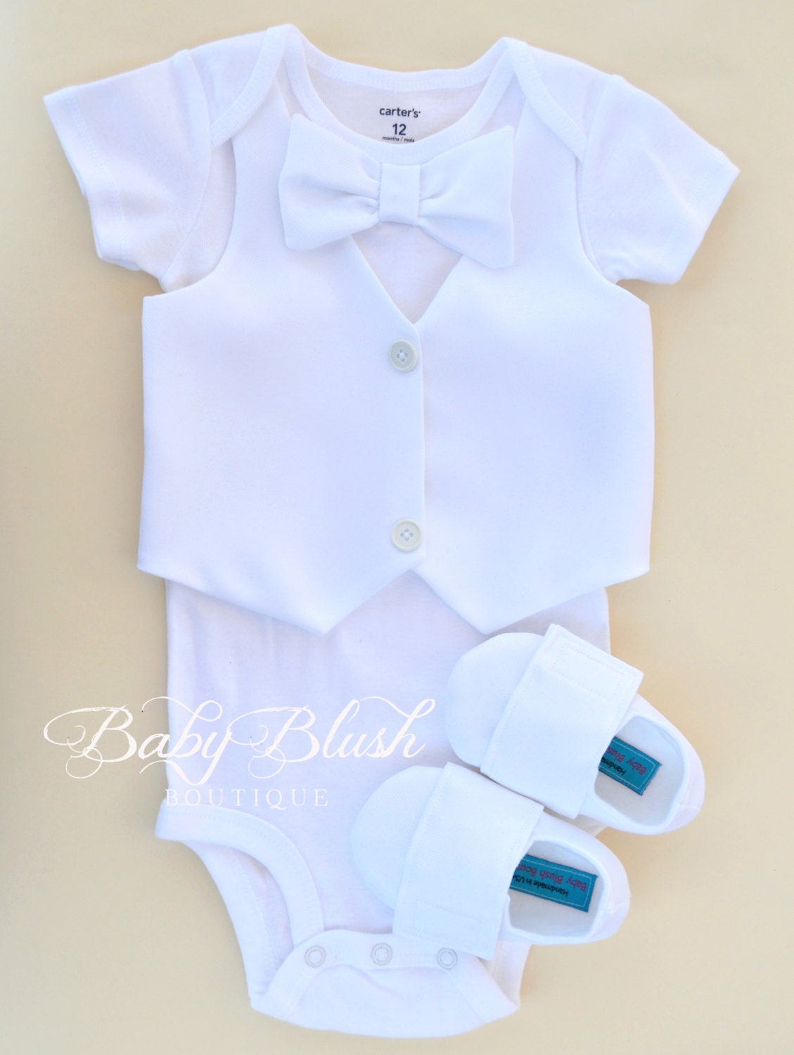Baby Boy Summer Dress In White Color With Bow And Gallus