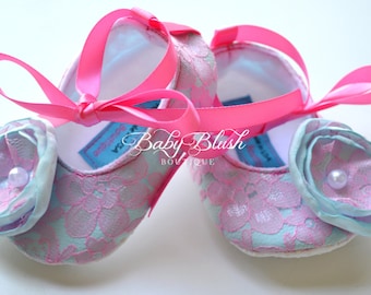 Hot Pink Lace on Aqua Baby Shoes Ballerina Slippers